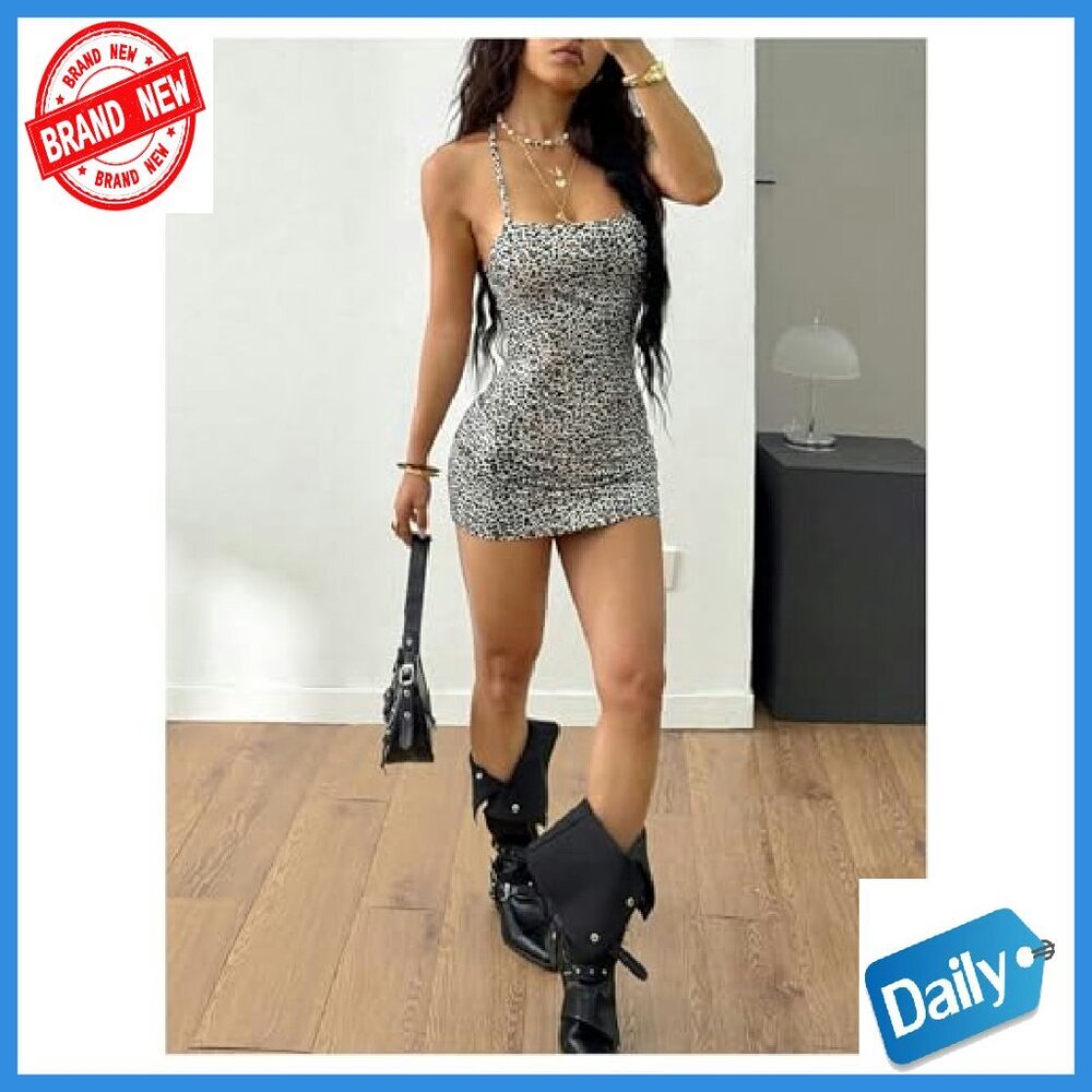 Y2K Leopard Print Mini Dress Open Back Criss Cross Halter Bodycon - Picture 4 of 6